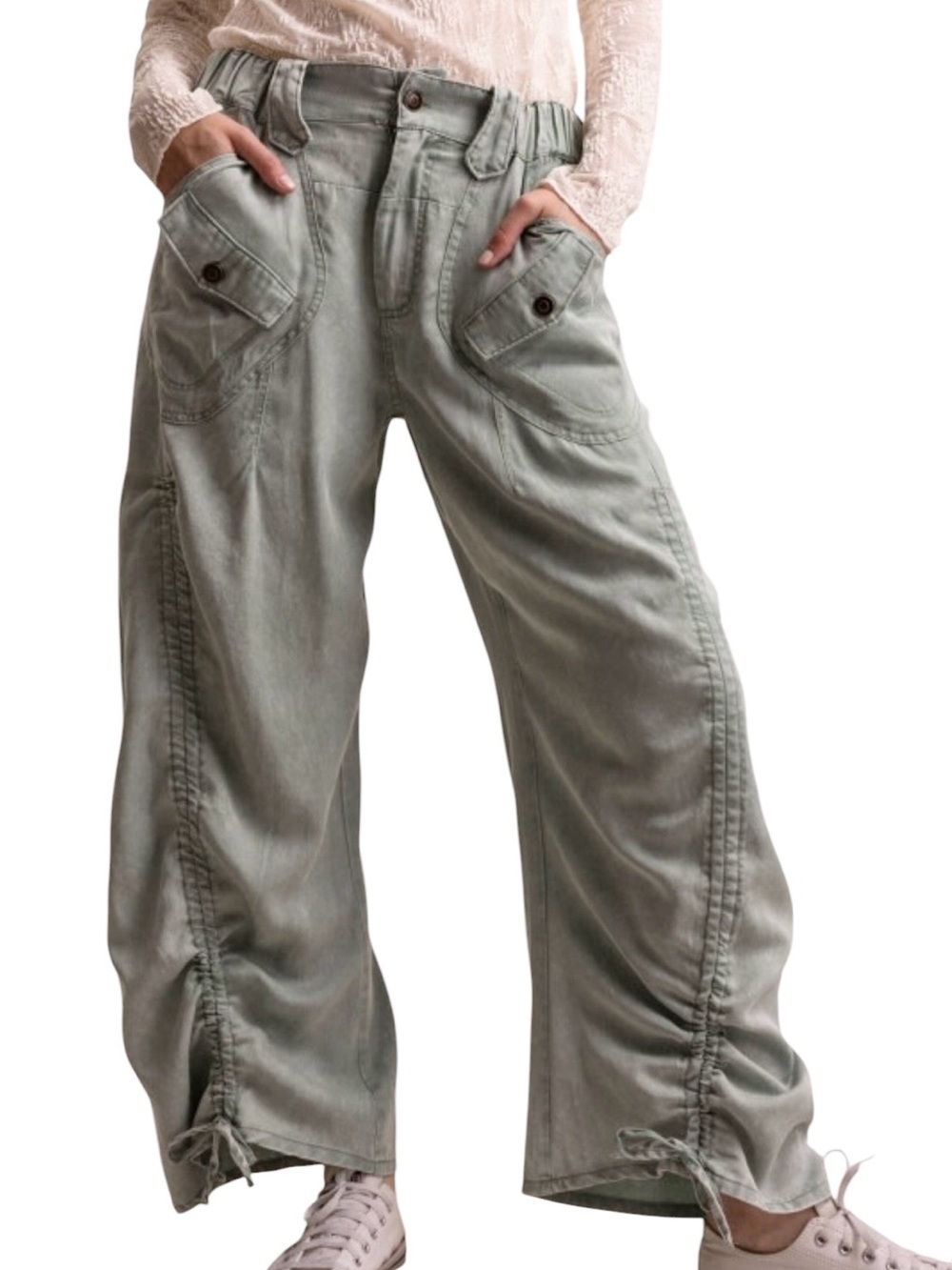 Blue Velvet Wide Leg & Tie Up Capri Pants in Sage Green - XL